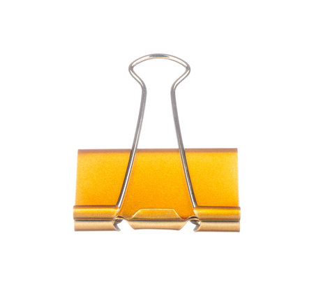 Yellow paper clip isolated on white backgroundの写真素材