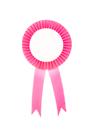 Pink fabric award ribbon isolated on white backgroundの写真素材