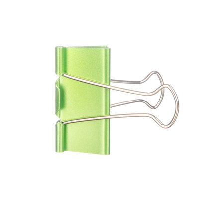 Green paper clip isolated on white backgroundの写真素材