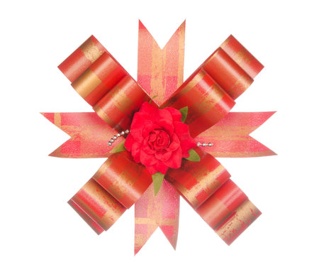 Red ribbon bow with red flower isolated on white backgroundの写真素材