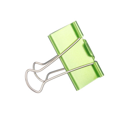 Green paper clip isolated on white backgroundの写真素材