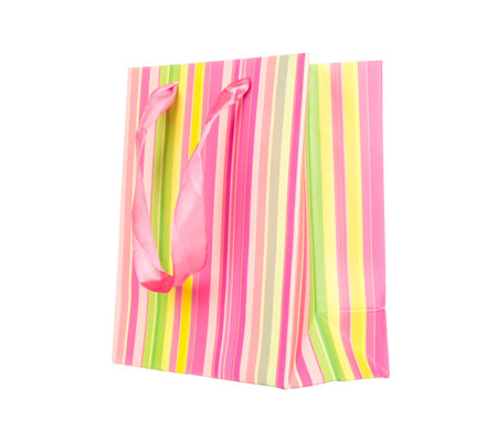 Colourful empty fashion paper bag isolated on white backgroundの写真素材