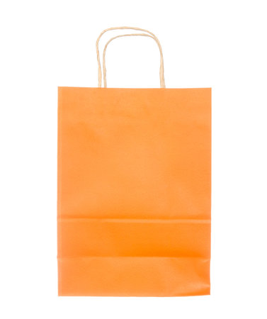 Empty orange paper bag isolated on white backgroundの写真素材