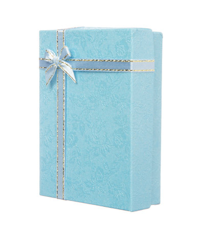 Blue gift box with ribbon and bow isolated on white backgroundの写真素材