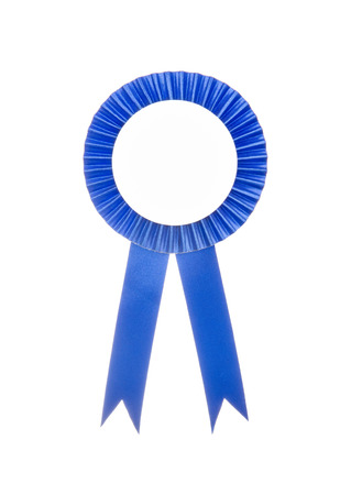 Blue fabric award ribbon isolated on white backgroundの写真素材