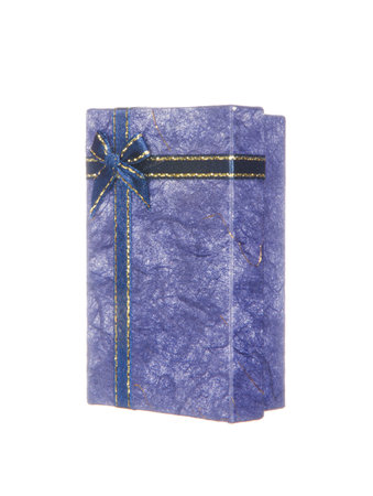 Blue gift box with ribbon and bow isolated on white backgroundの写真素材