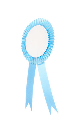 Blue fabric award ribbon isolated on white backgroundの写真素材
