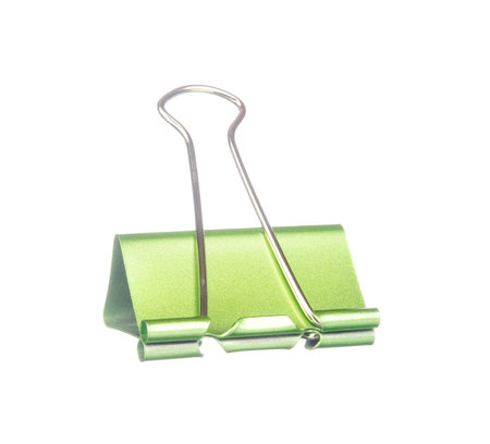Green paper clip isolated on white backgroundの写真素材