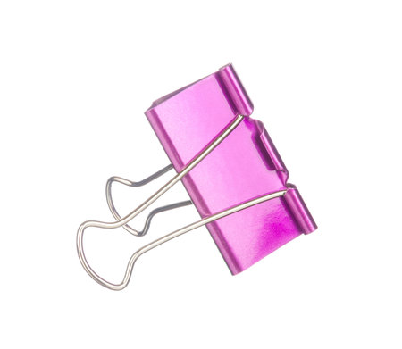 Purple paper clip isolated on white backgroundの写真素材