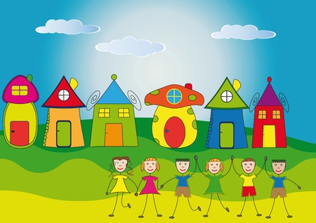 Happy children and their housesの写真素材