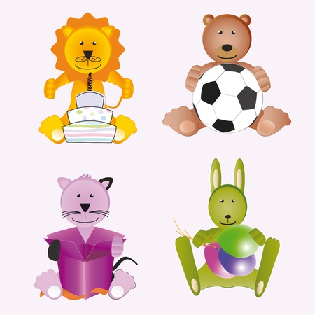 Four animals with gift, cake, balloon and ballの写真素材