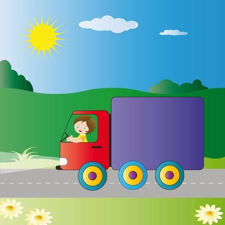 Small boy driving big truckのイラスト素材