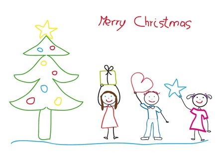 Kids drawing with christmas tree and childrenのイラスト素材