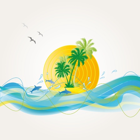 Palms, waves and dolphins on exotic backgroundのイラスト素材