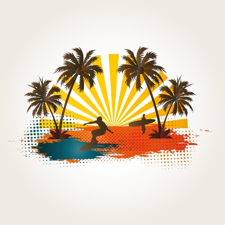 Palm, beach and surfer on exotic backgroundのイラスト素材