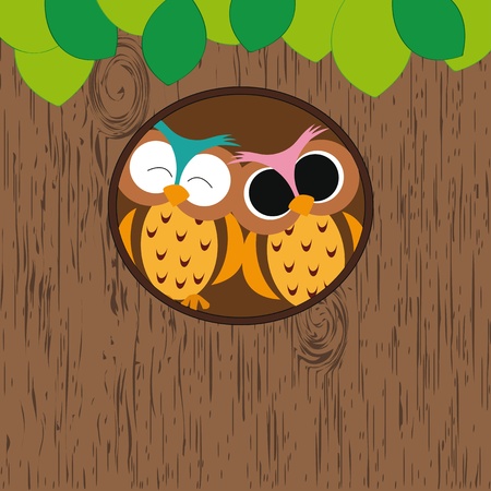 Abstract background with owls in hollow on treeのイラスト素材