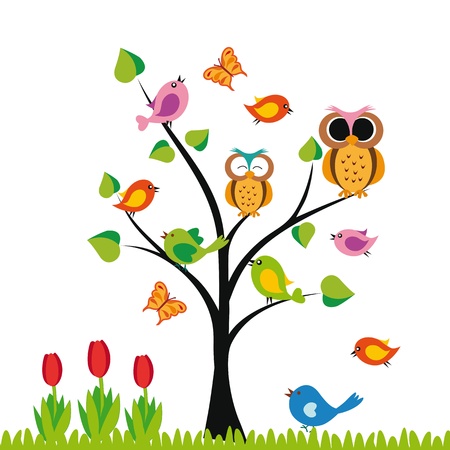 Cute kids background with trees and birdsのイラスト素材