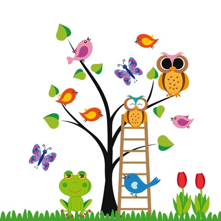Cute kids background with trees and birdsのイラスト素材
