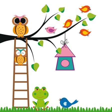 Cute kids background with trees and birdsのイラスト素材