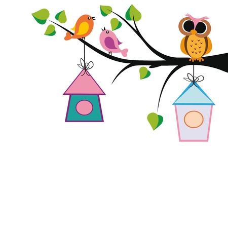 Cute kids background with trees and birdsのイラスト素材