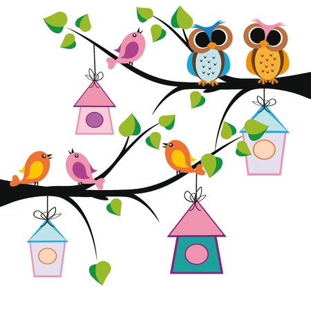 Cute kids background with trees and birdsのイラスト素材