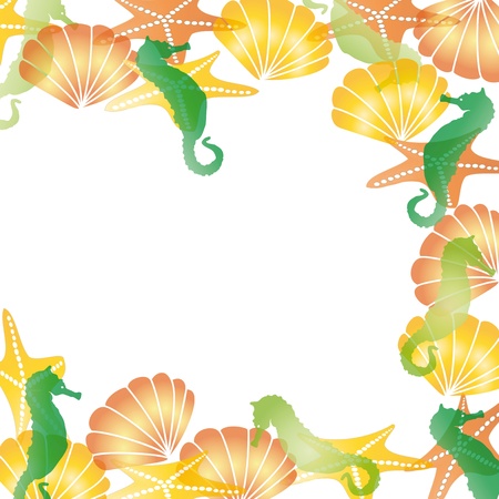 Colorful sea card  with shells and sea horsesのイラスト素材