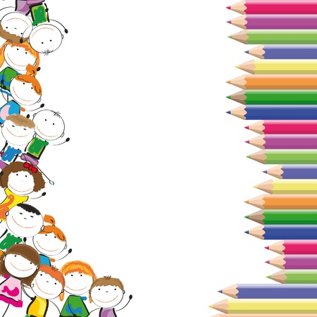Frame with happy kids and colorful crayonsのイラスト素材