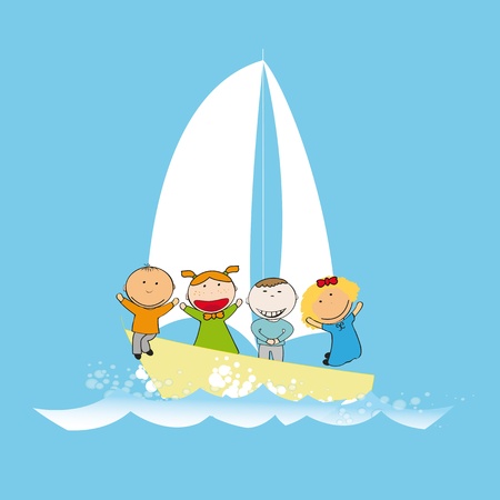 Small and happy kids  on small boatのイラスト素材