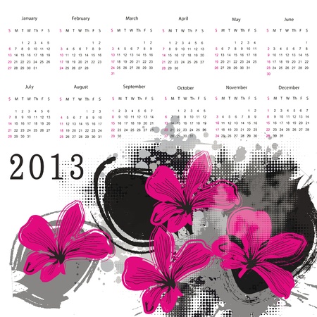 Cute calendar on New Year 2013 with flowersのイラスト素材