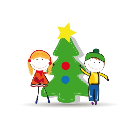 Small and happy kids in winter with christmas treeのイラスト素材