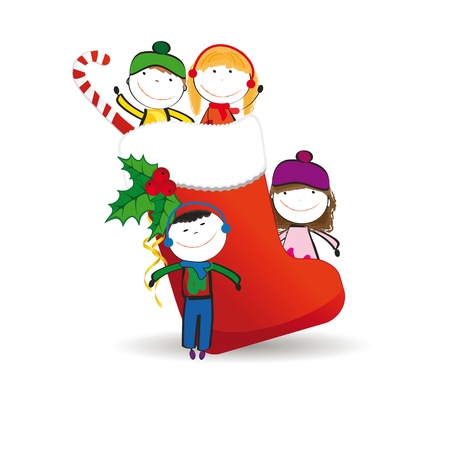 Small and happy kids in winter with christmas iconのイラスト素材