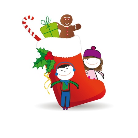 Small and happy kids in winter with christmas iconのイラスト素材