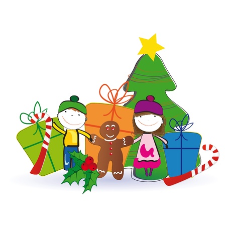 Small and happy kids in winter with christmas treeのイラスト素材