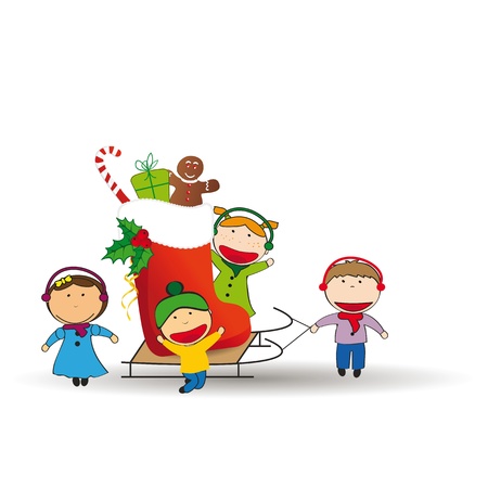 Small and happy kids in winter with sledgeのイラスト素材