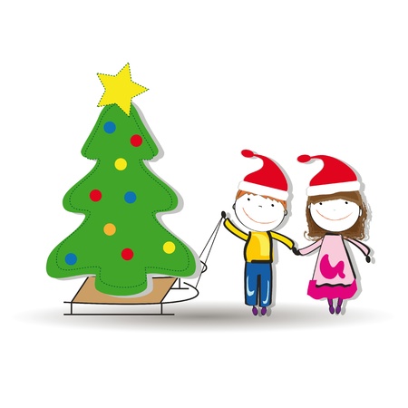 Small and happy kids in winter with sledgeのイラスト素材