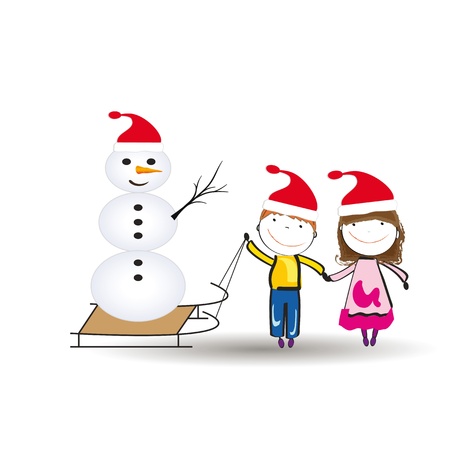 Small and happy kids in winter with sledgeのイラスト素材