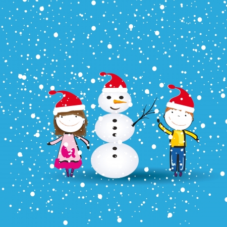 Small and happy kids in winter with snowmanのイラスト素材