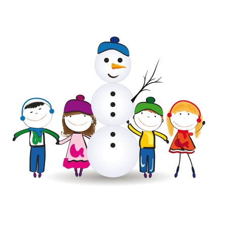 Small and happy kids in winter with snowmanのイラスト素材