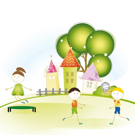 Colorful and cute kids plaing in gardenのイラスト素材