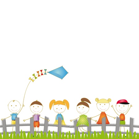 Happy and cute boys and girls playing in gardenのイラスト素材