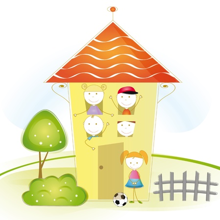 Cute and colorful illustration with kids in houseのイラスト素材