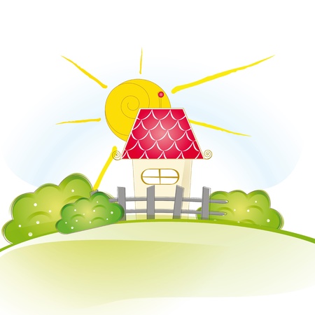 Colorful view with cute house and treesのイラスト素材