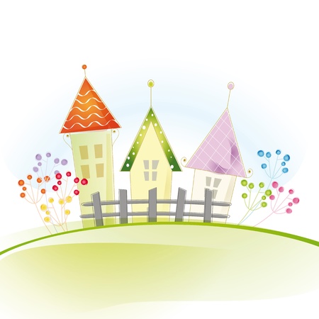 Colorful view with cute house and treesのイラスト素材