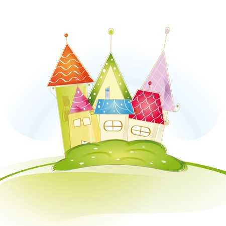 Colorful view with cute house and treesのイラスト素材