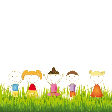 Cute and happy girls and boys on grassのイラスト素材