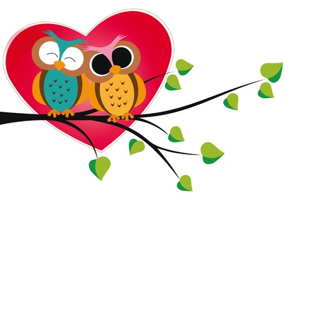 Cute and  happy owls on tree with heartsのイラスト素材