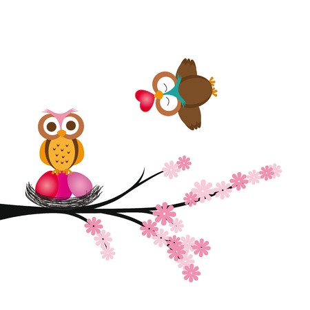 Cute and colorful card with owls and heartのイラスト素材