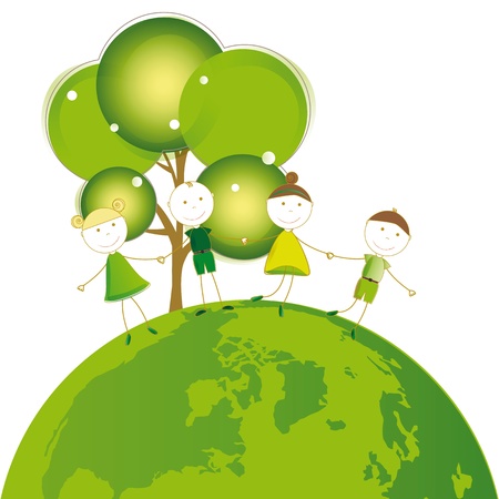 Happy girls and boys on green globeのイラスト素材