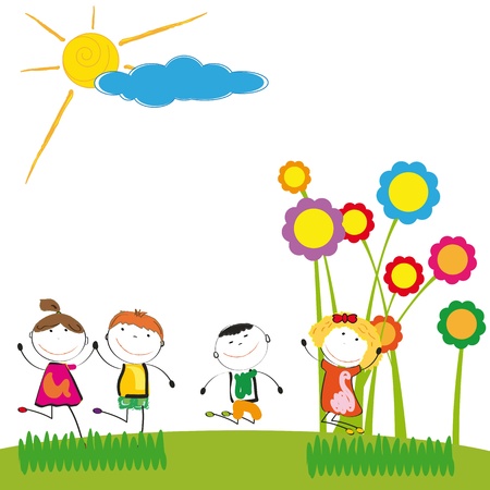 Happy and cute boys and girl in gardenのイラスト素材