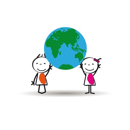 Happy and cute kids with globe, abstract drawingのイラスト素材
